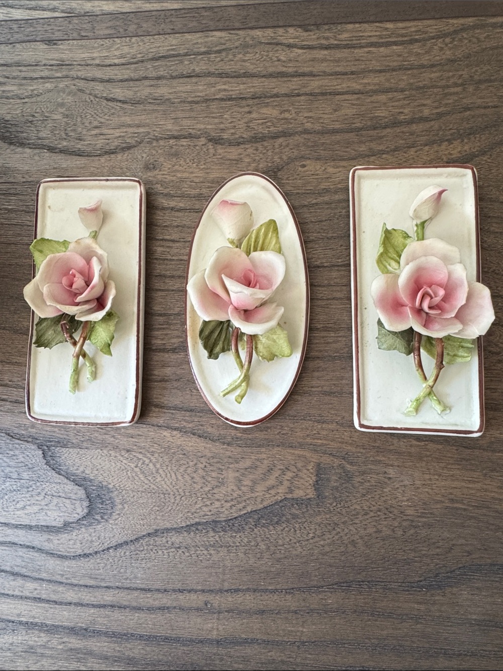 Set of Three Vintage Capodimonte Rose Plaques